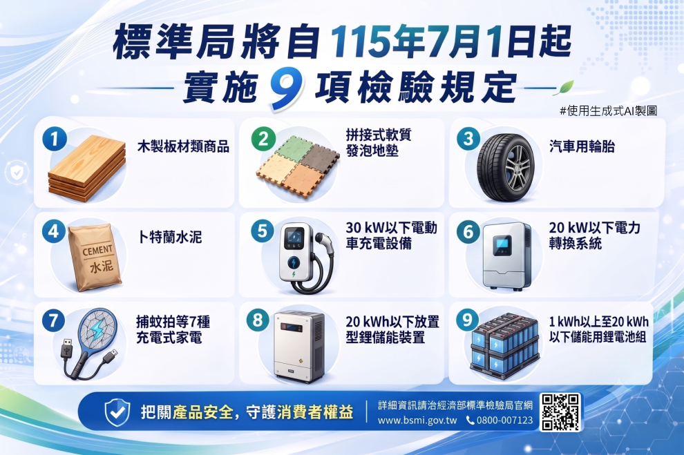1150626標準局新聞稿【主圖】標準局自115年7月1日起將實施「電動車充電設備」等9項檢驗規定