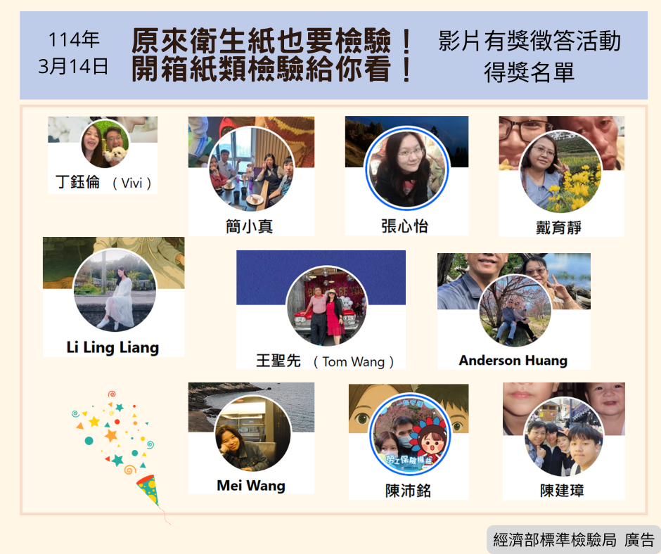 114年3月14日【原來衛生紙也要檢驗！】影片有獎徵答活動得獎公告